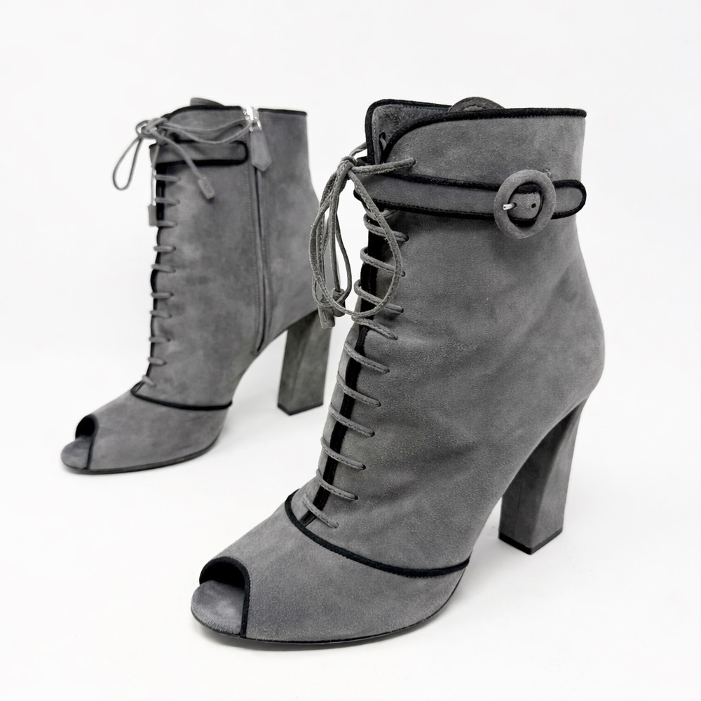 Prada Suede Peep Toe Lace Up Block Heel Boots Womens Size EU 40